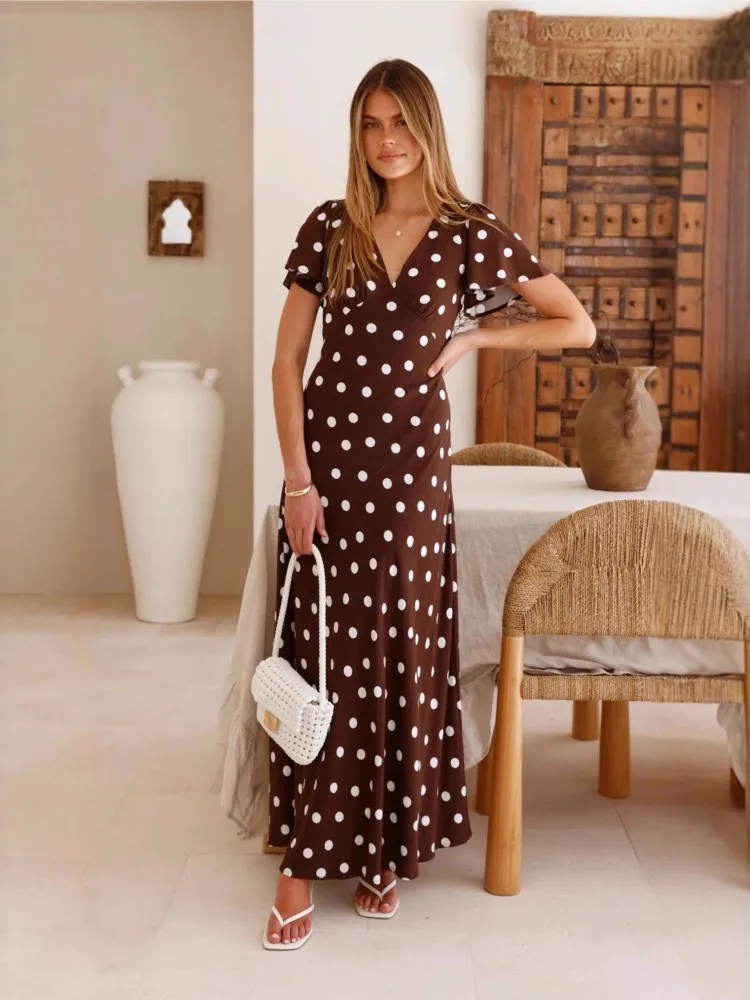 

Fashion Polka Dot Print V-neck High Waist Slim Party Dress Women New Elegant Short Sleeved Backless Dress Casual Summer Dress