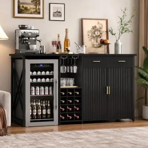 Mini Fridge Cabinet,Coffee Bar Cabinet with Fridge Space | Home Bar Cabinet with Storage,Outlets,Wine Rack,Glass