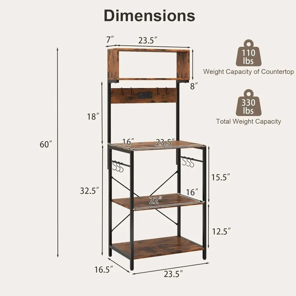 Baker’s Rack with Power Outlet, 5-Tier Microwave Stand with Open Shelves & 10 Hanging Hooks, 60” Tall Coffee Bar Station fo - view 4
