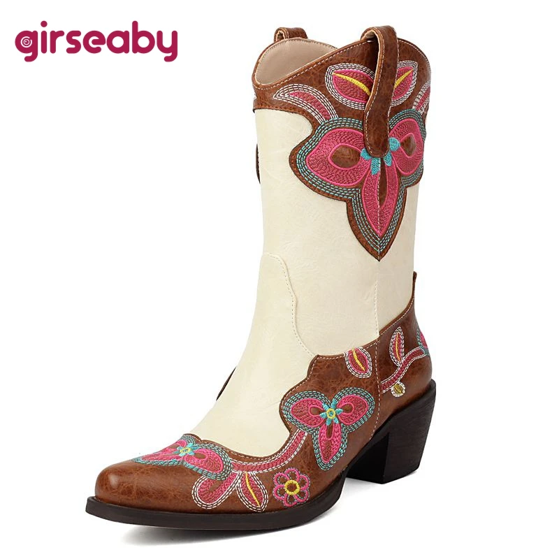 Girseaby Female Western Boots Pointed Toe Block Heels Slip On Mixed Color Flower Embroider Big Size 44 45 46 Casual Ankle Boots