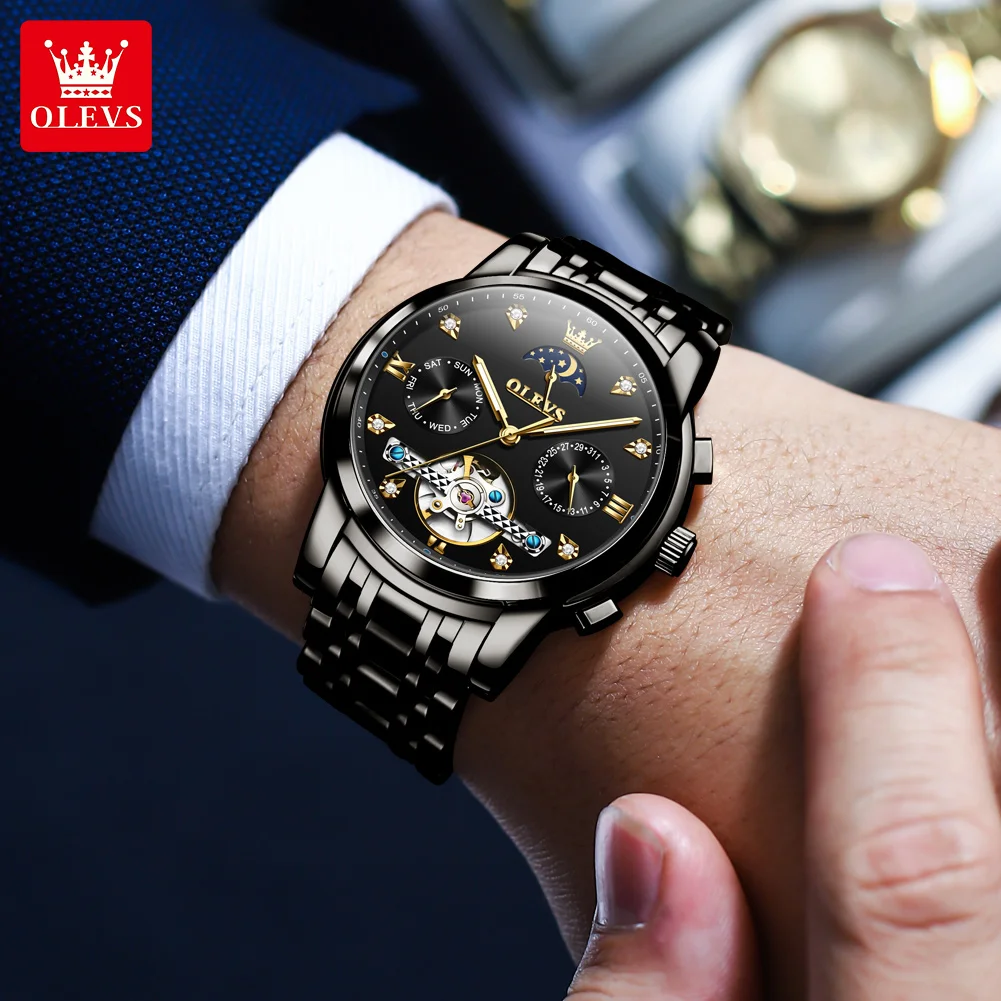 OELVS 6678 Men's Watches Luxury Original Automatic Mechanical Tourbillon Watch for Man Waterproof Luminous Date Week Moon Phase image 6