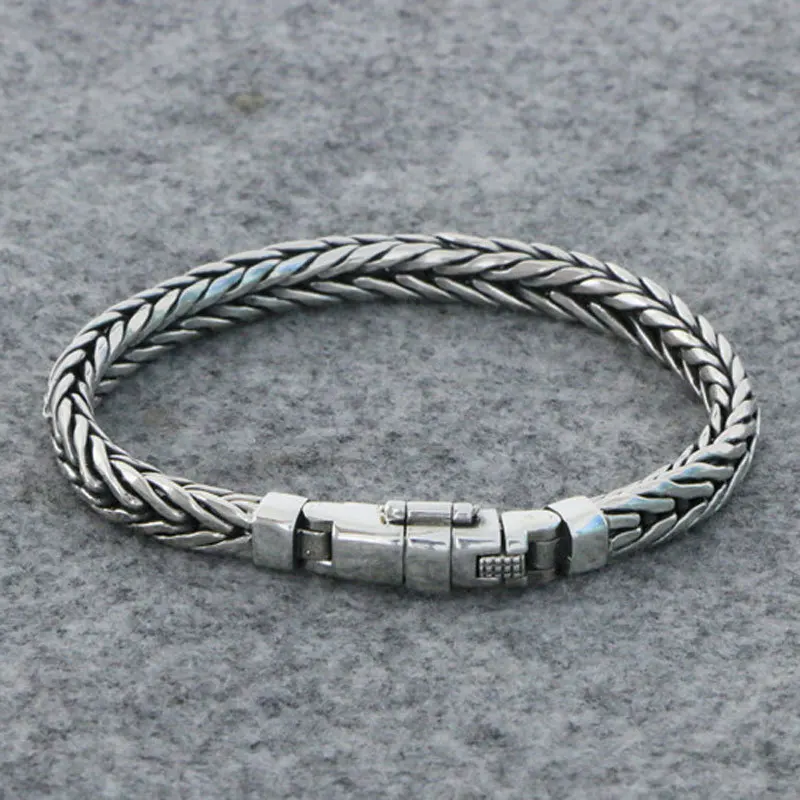 S925 All Body Sterling Silver Handwoven Insert Keel Bracelet Fashion Men's Personality Simple Couple Versatile Cool Bracelet