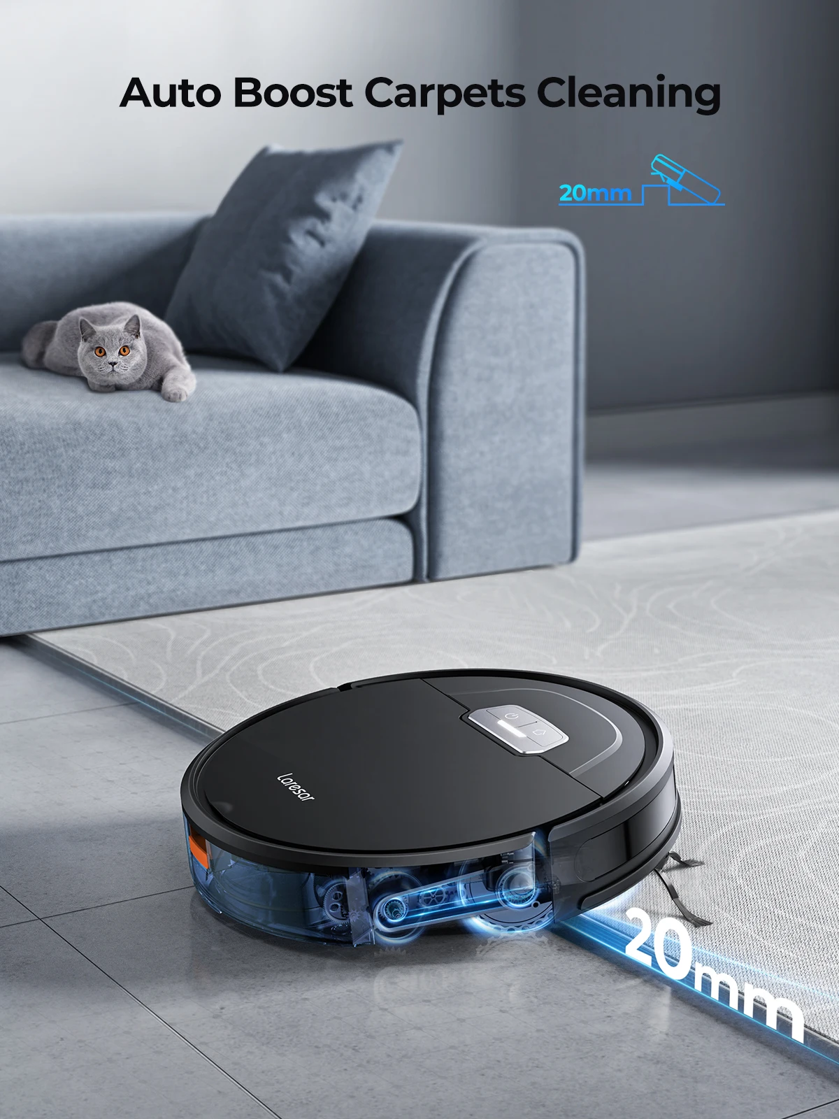 Laresar  Robot Aspiradoras y Fregadoras, Succión Máxima de 6000Pa Limpiador Robótico con Aumento Automático en Alfombras, Auto-Carga, Control por App, Control Remoto y Voz, Súper Delgado