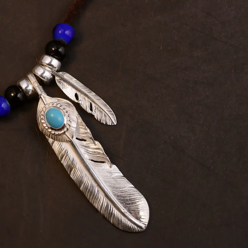 المألوف الهندي الرجعية نمط ريشة الفيروز قلادة بو الجلود حبل قلادة الرجال والنساء تصميم سلسلة الترقوة #3