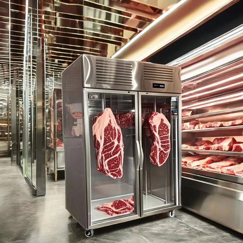 Stainless Steel and Glass Door Meat Hanging Refrigerator with Free Hook Pork and Beef Storage Rack for Restaurants