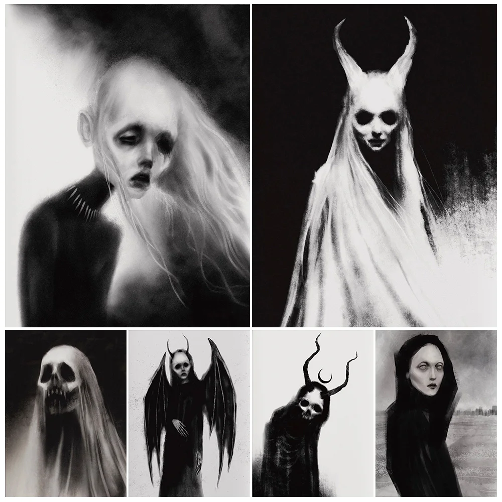 Lunar Demon,Soul Collector,Ghost Of Sorrow,Abstract Wall Art Canvas Painting Creepy Somber Demon Art Poster And Print Home Decor