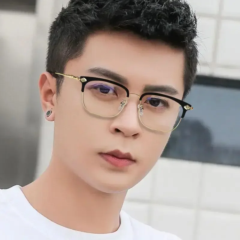 Vintage Square Finished Reading Glasses for Men Half-frame Black Gold Anti Blue Light Prescription Glasses Fashion Eyeglasses