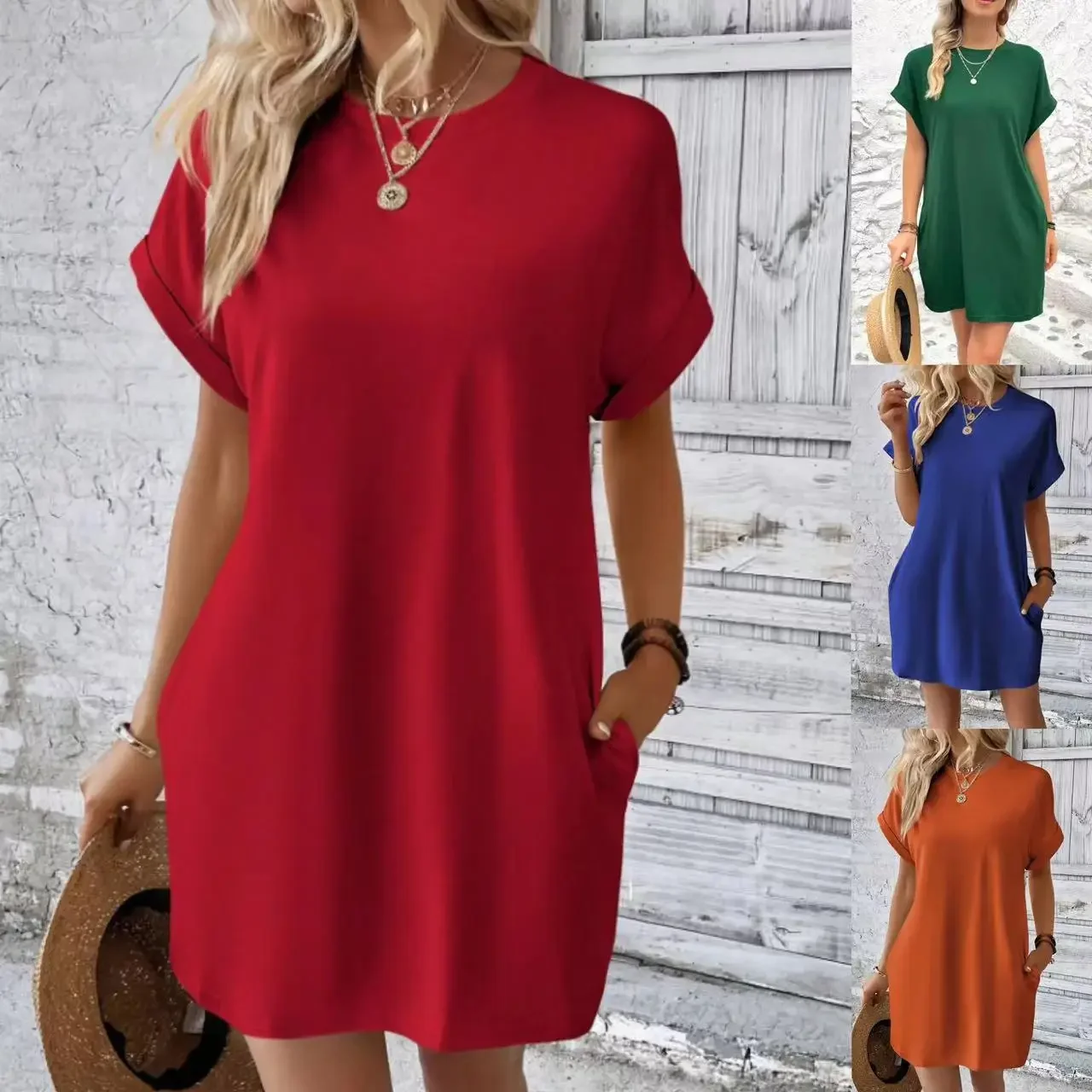 gonna intera calda Abbigliamento da donna transfrontaliero europeo e americano Abbigliamento esterno Abito a maniche corte con tasca girocollo