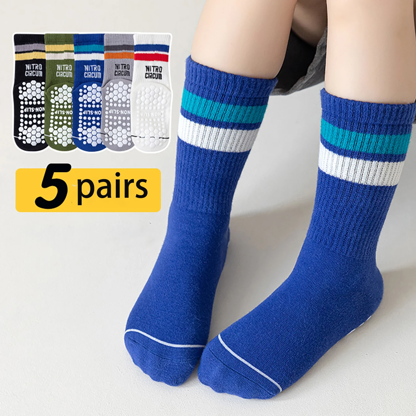 5 pairs of anti slip floor socks for boys and girls, cartoon letter striped round neck socks, mid tube socks, anti slip, wear-re