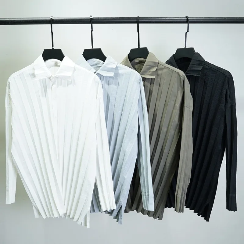 

2025 Miyake, новая мужская рубашка с длинными рукавами, деловая повседневная осенняя плиссированная блузка ручной работы, минималистичная блузка, рабочая одежда без морщин