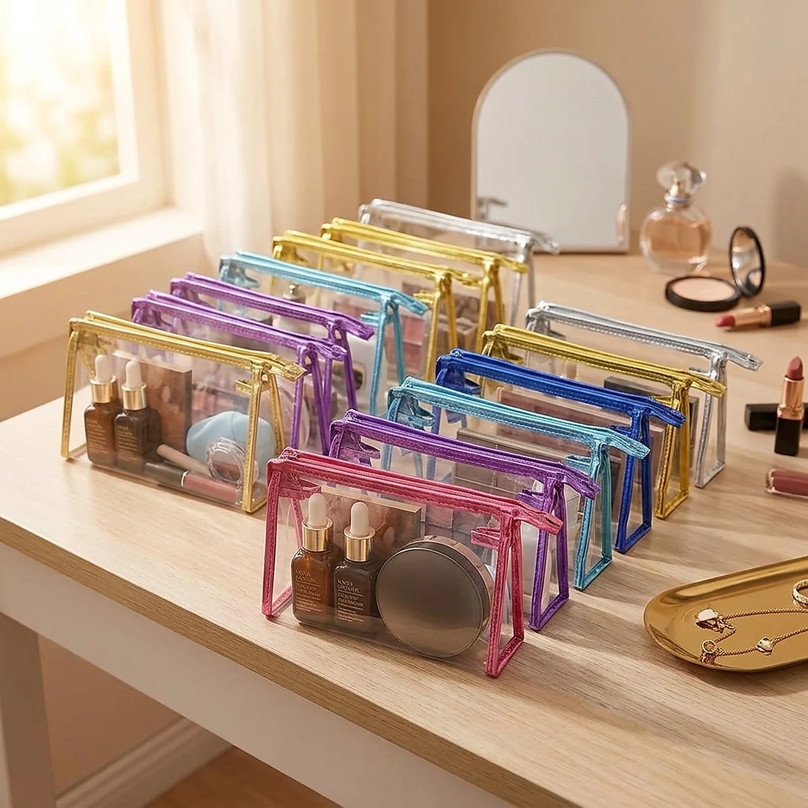 Zoyiancy 12 Pack Clear Travel Toiletry Pouches, Standing Transparent Cosmetic Bags with Colorful Trim, Zipper Pen Case & Makeup Organizer for  Office Daily Use