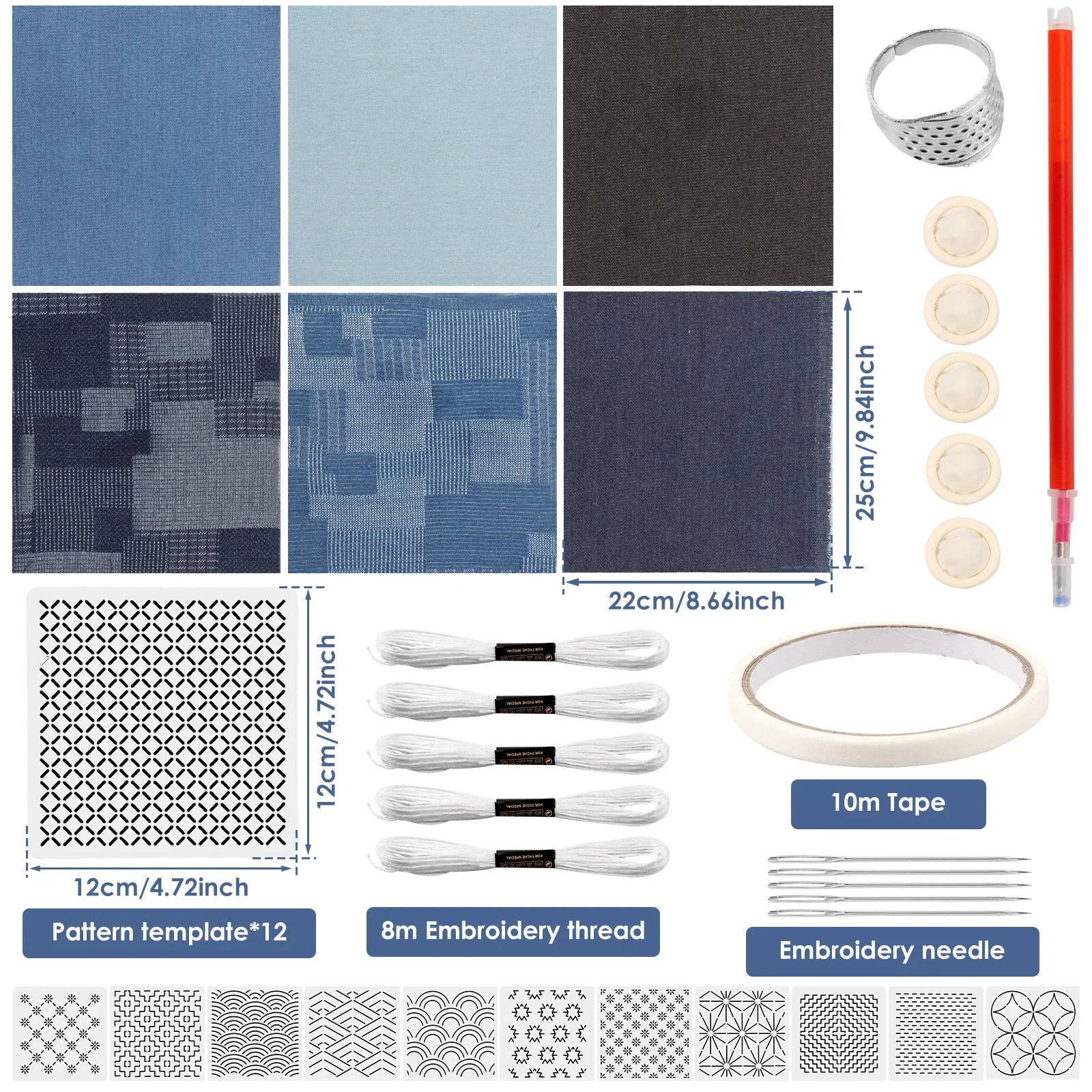 12Pcs Sashiko Stencils Quilting Templates Set Reusable PET Traditonal Patterns DIY Handmade Embroidery Tool Sashiko Template