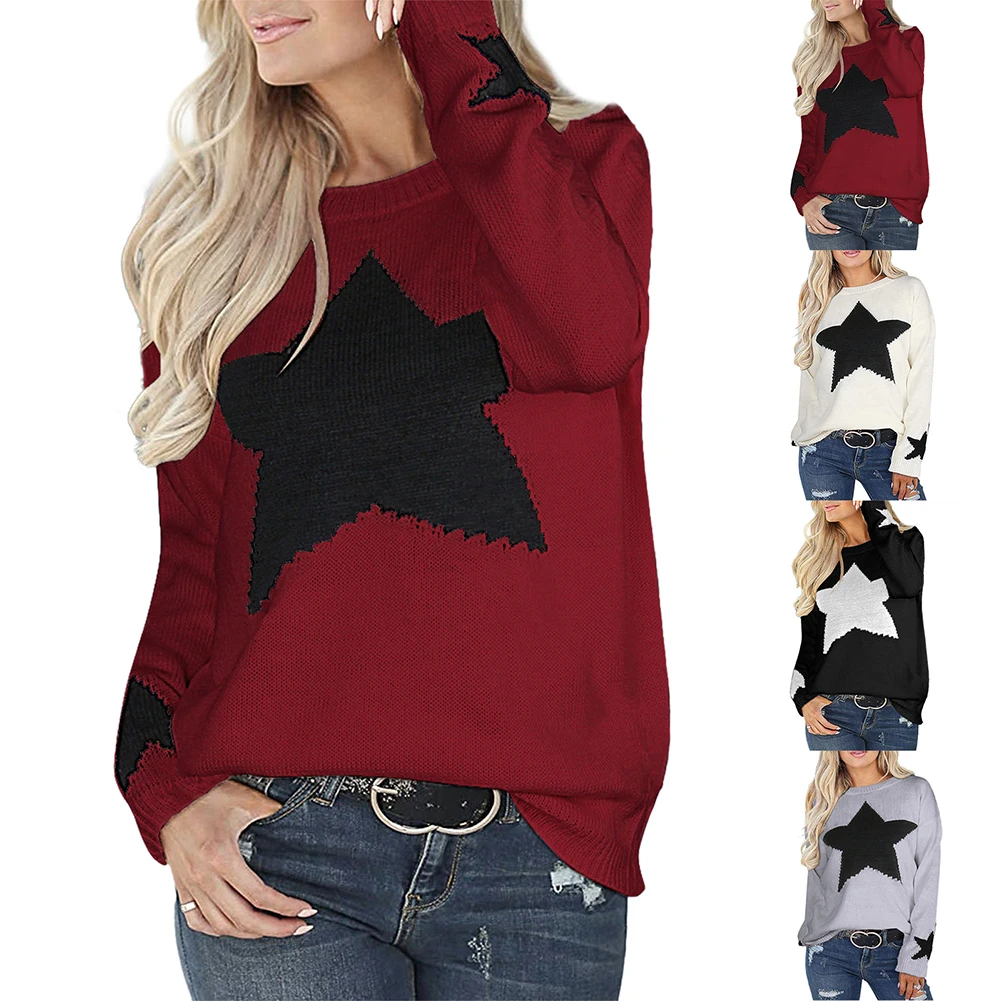 Women Casual Knitted Sweater Contrast Color Star Pattern Crew Neck Long Sleeve Loose Pullover Sweaters For Work Parties