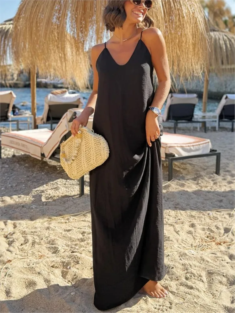 Summer New Boho Maxi Dress For Women's Spaghetti Strap Loose Deep V-neck Solid Beach Holiday Fashion Casual Dresses Robe Femme