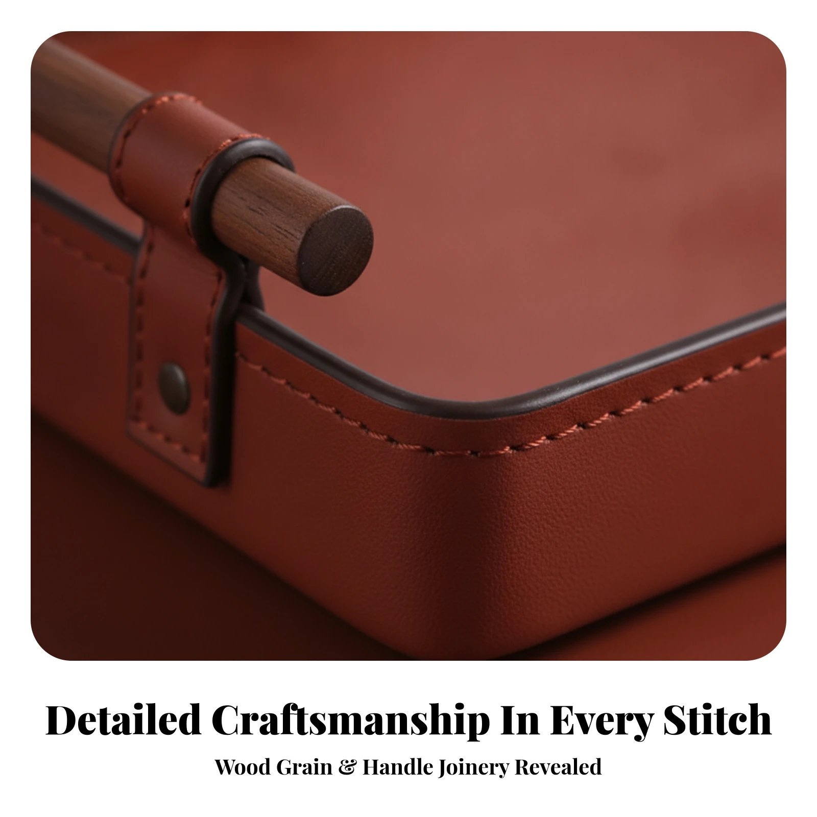 Raised-Side Vanity Tray Sturdy Semi-PU Leather Tray with Wood Rod Handles Desktop Storage Organizer Wipe-Clean Decorative