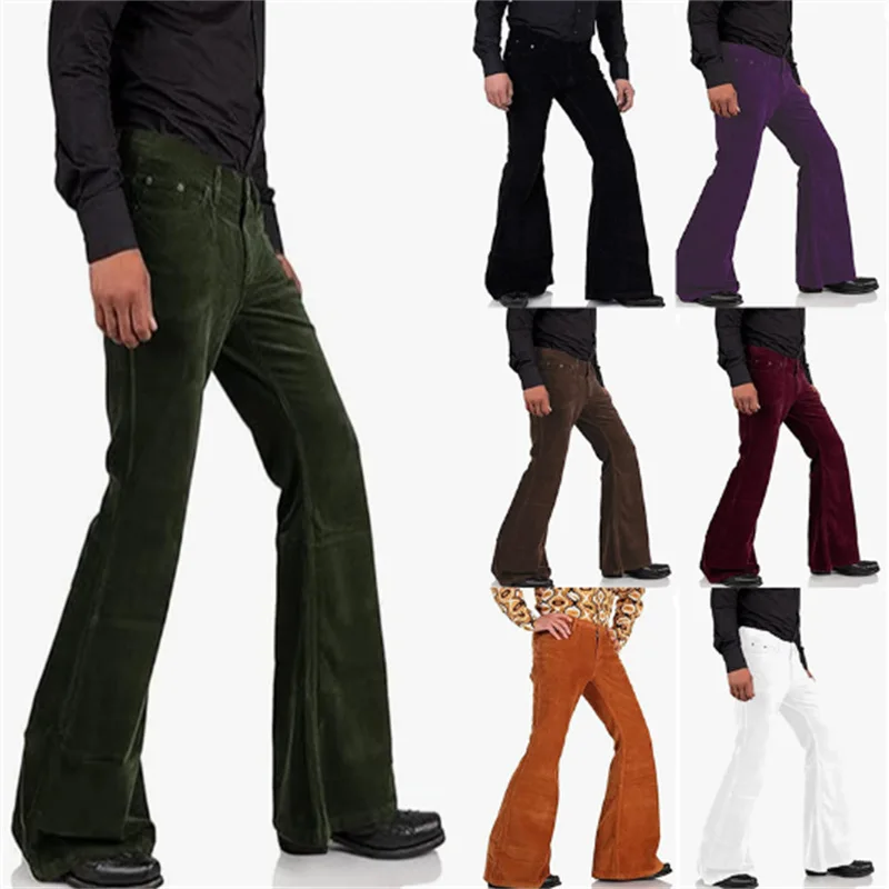 

2026 Spring Summer Men's Corduroy Retro Solid Button Slim Fit Flared Pants Trousers Outfit Clothing