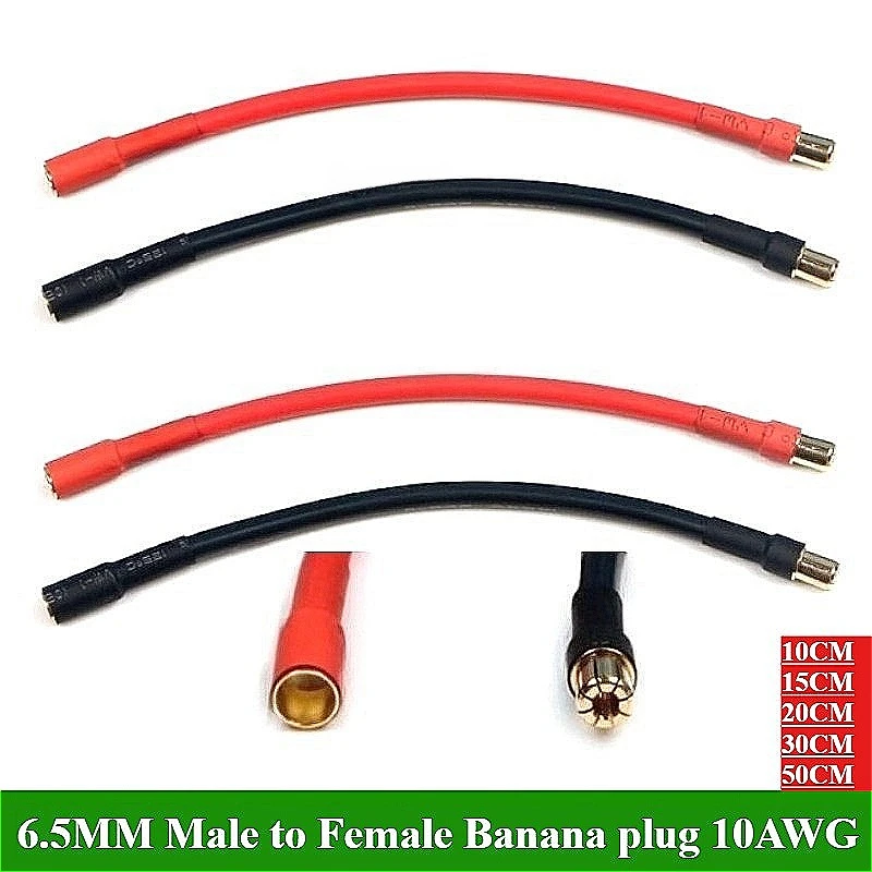6.5mm Gold Bullet Connector Banana Plug Extension Cable Male to Female 10AWG 10cm/15/20/30/50cm for RC Car Boat Brushless Motor