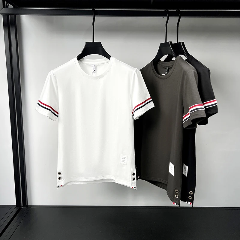Nouveau T-shirt haut de gamme pour homme en pur coton à manches courtes, col rond, été, polyvalent, couleur unie, grande taille, coupe ajustée, rayé, demi-manches