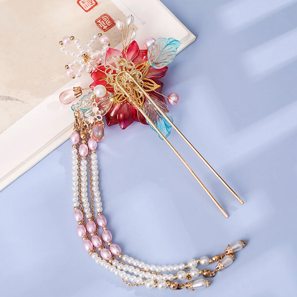 

Red Premium Alloy Retro Tassel Flower Hairpin For Women Bun Styling Wedding Bridal Hair Bun Pin Hair Decoration