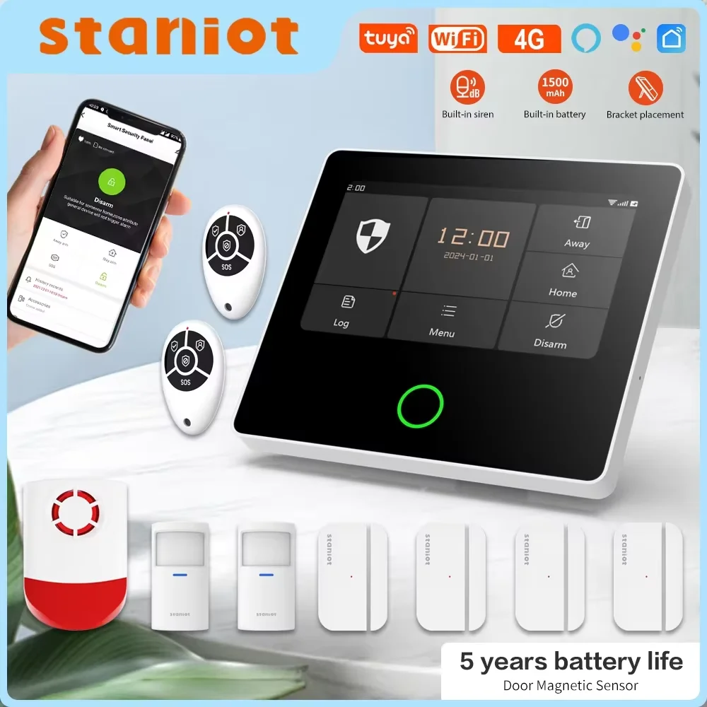 Staniot wifi 4g sistema de alarme de segurança sem fio sirene mais forte embutida tuya kit assaltante para casa inteligente com sensor de contato de 5 anos