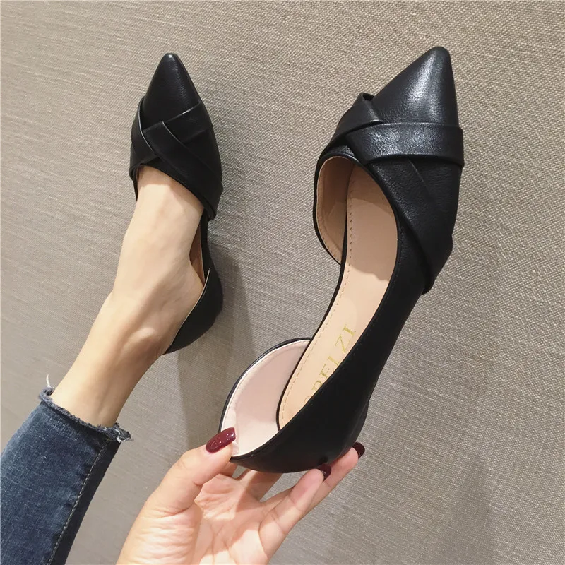 Women Black Flats Side Empty Plus Big Size 43 44 45 46 Pu Leather Soft Sole Lady Casual Shoes Pointed Toe Summer Flats 31 32 33