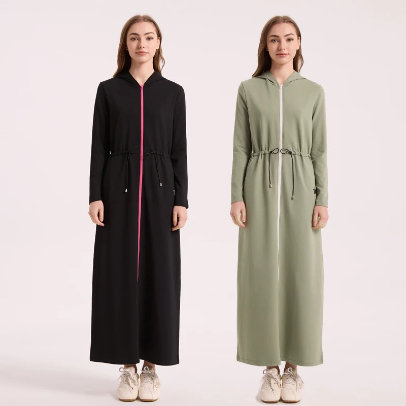 AA AW26 Winter Cotton Woman Hoodie Dress Adjustable Waistband Maxi Zipper Dress Lady Clothes