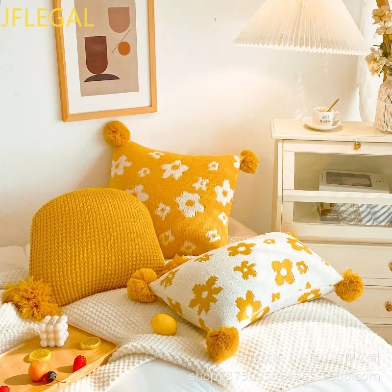 Nordic Yellow Floral Knitted Cushion With Pom Pom Ball Soft Cozy Decorative Throw Pillow Sofa Bed Home Decoration