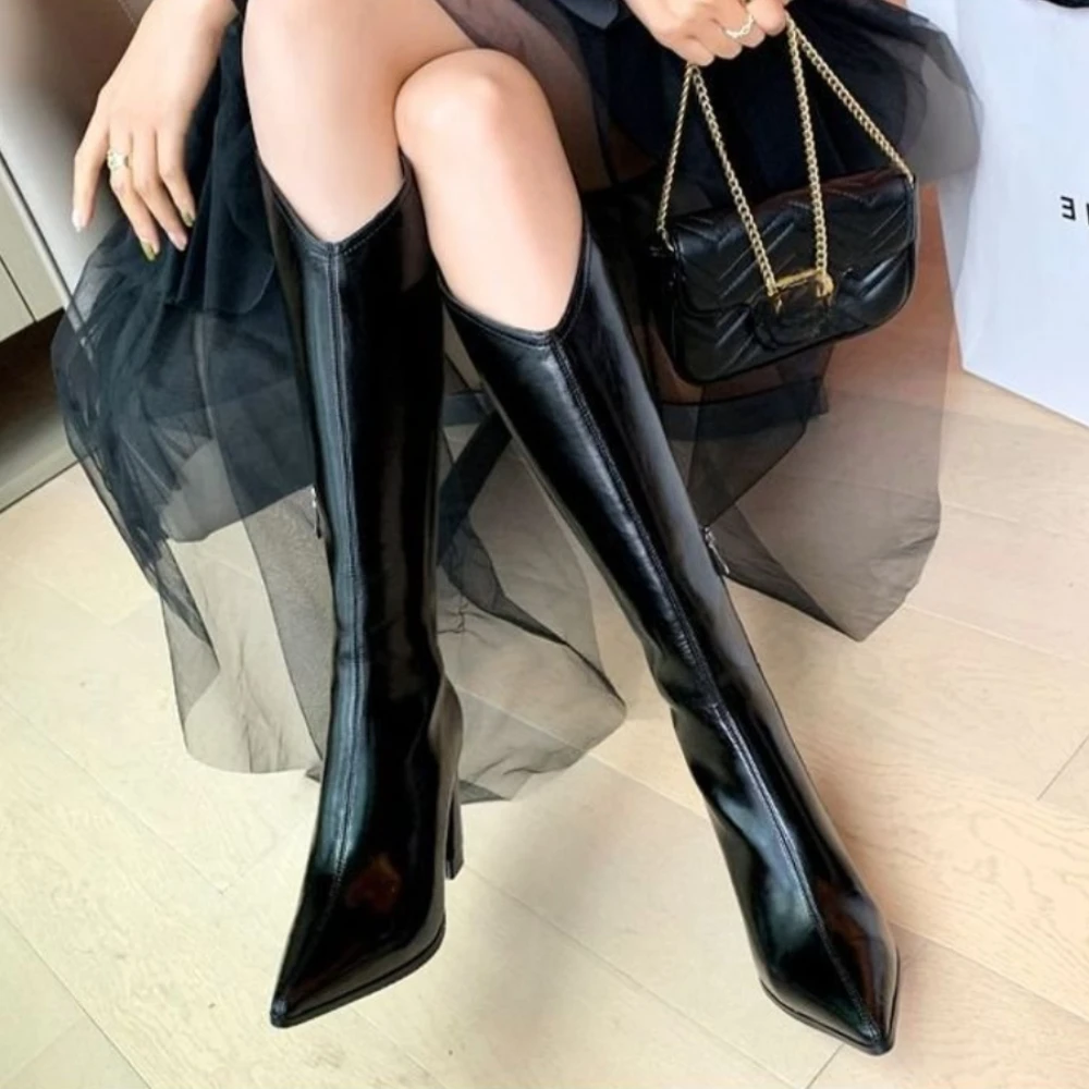 Spitz Frauen Hohe Stiefel Winter Mode Seite Reißverschlüsse Lange Booties Damen Sexy Elegante Party High Heel Stiefel