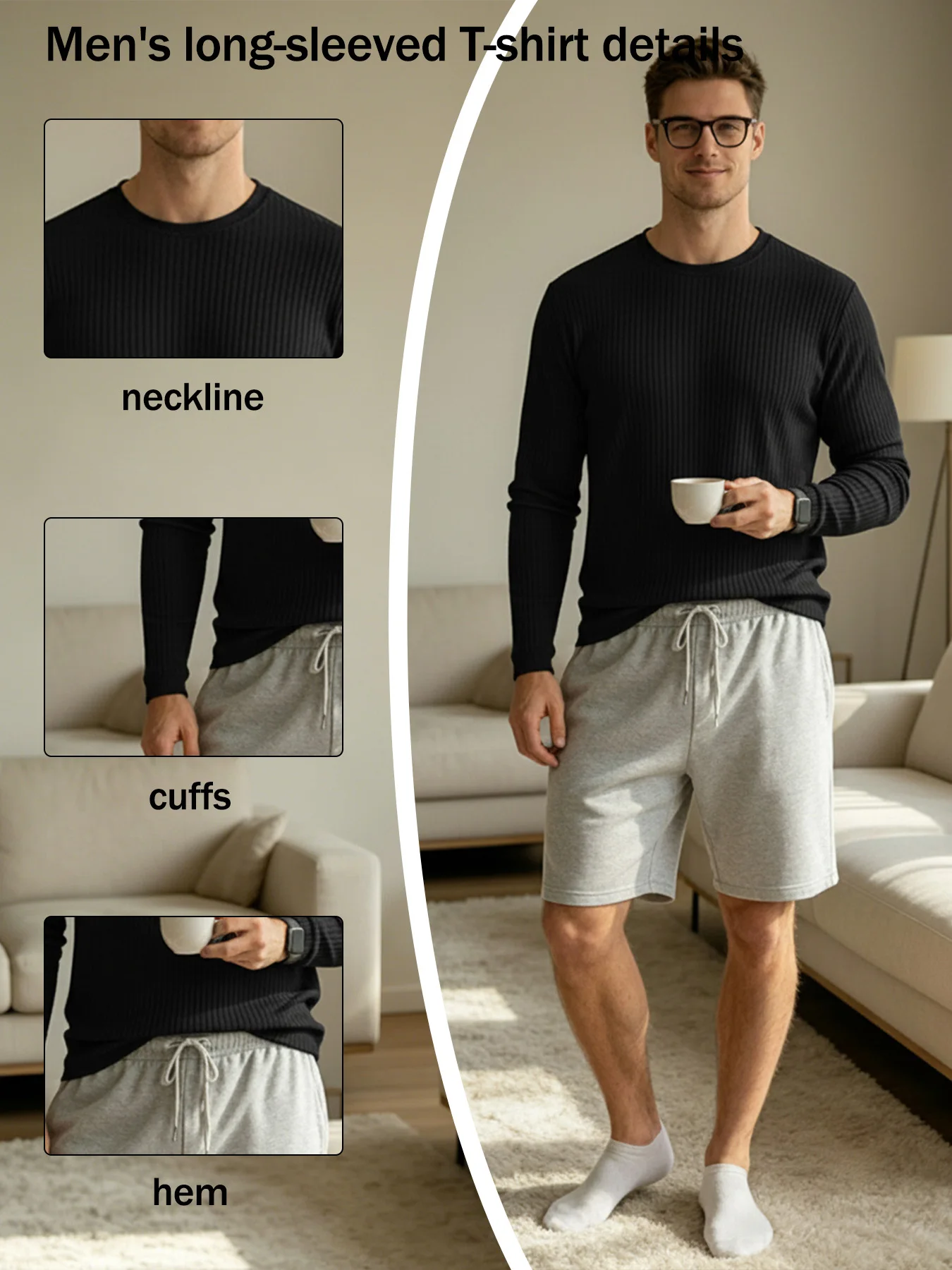 Modisches, texturiertes, vertikal geripptes Herren-Langarmshirt mit Rundhalsausschnitt, elastisches Stretch-Strickoberteil, atmungsaktives Basic-Shirt für den Streetwear-Look – Detail 5