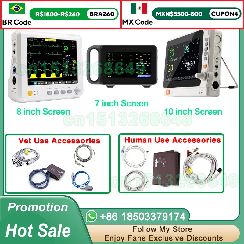 7 / 8 /10 inch screen human/Vet use portable 6-parameter monitor ECG/NIBP/PR/SPO2/RESP/TEMP patient monitor vital signs monitor