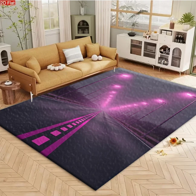 Neon Pink Street Lights Foggy Highway Carpet Flooring, Futuristic Road View Non-Slip Floor Rug for Living Room Bedroom Home Decoration