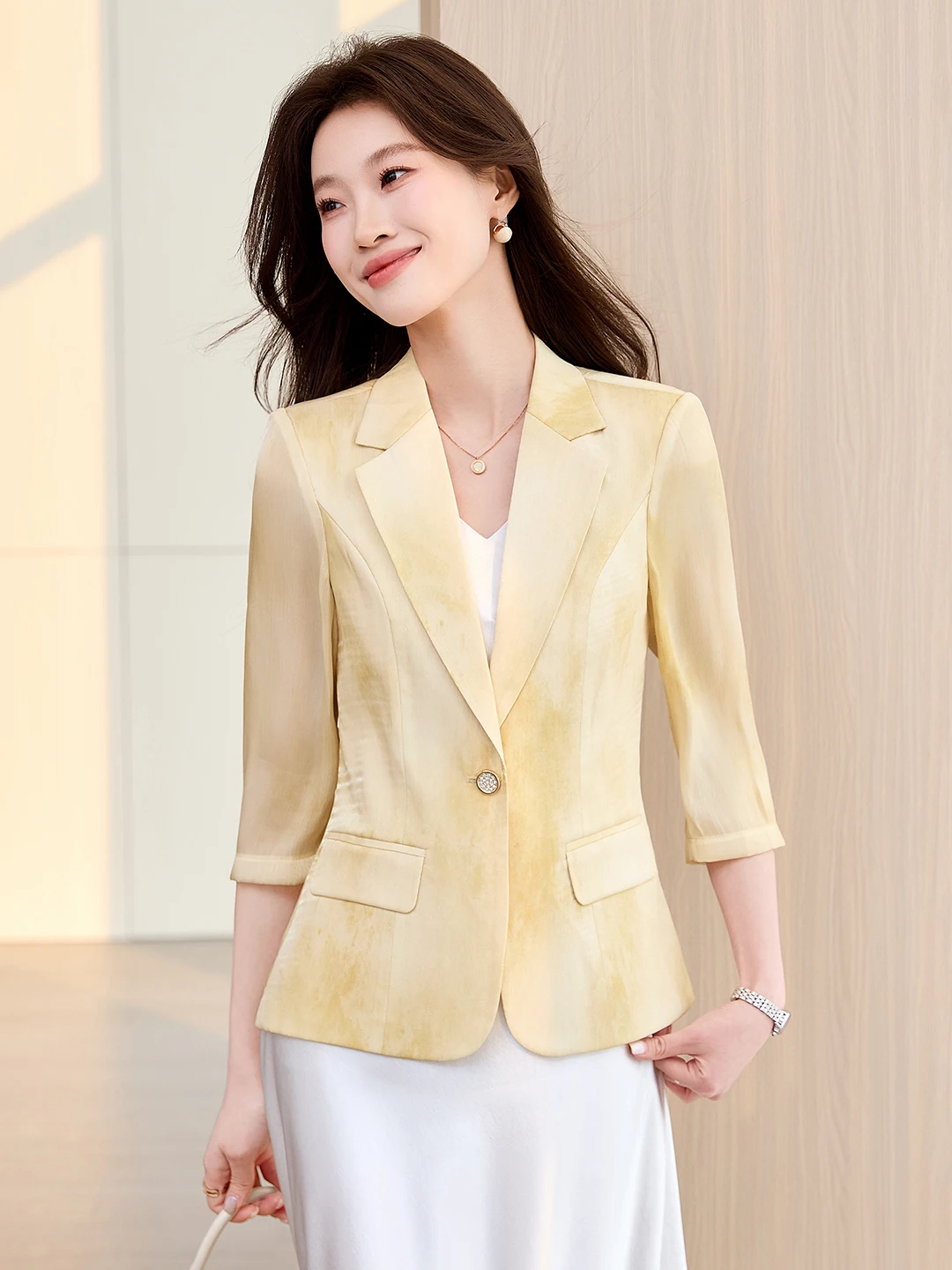 

Elegant Design Women's Suit Jacket Commute Style Seven Sleeve Business Top High Quality Polyester Fiber Breathable round Hem