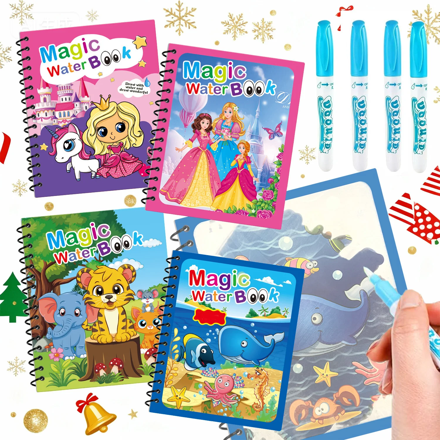

4PCS Reusable Water Coloring Books Set with Water Pens, Travel Portable Drawing Doodle Pad for Kids Birthday Gift