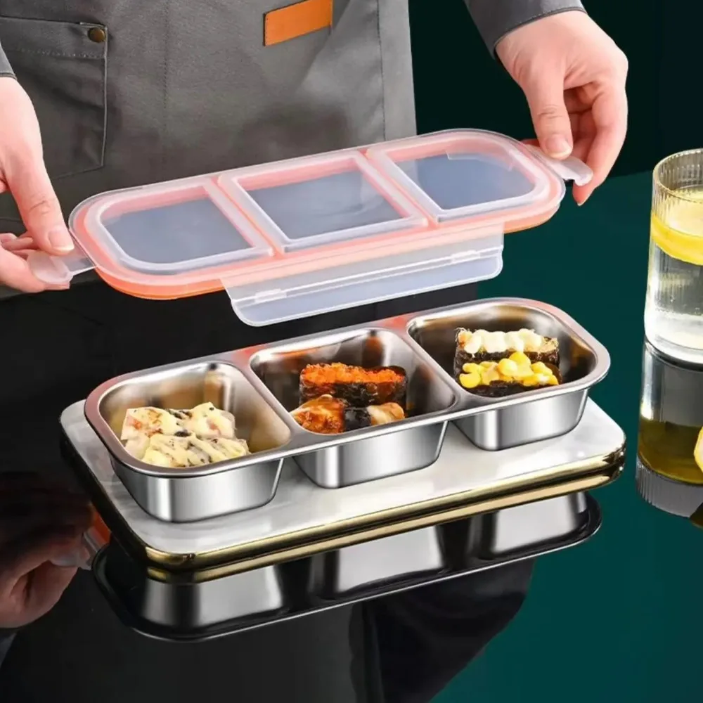 Sealed and Portable Stainless Steel Mini Compartment Lunch Box,3 Compartments Fruit Preservation Light Meal Box ,Microwaveable