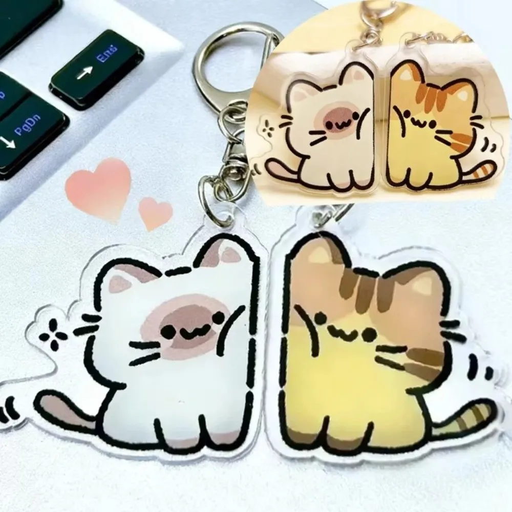 2Pcs/Set Korea Fashion Acrylic Cat Keychain Pendants Cartoon Animal Matching Design Bag Charm Pendant Keyring Backpack Accessory