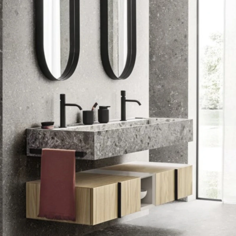 Rock slab integrated basin bathroom cabinet combined bathroom sink toilet face wash station