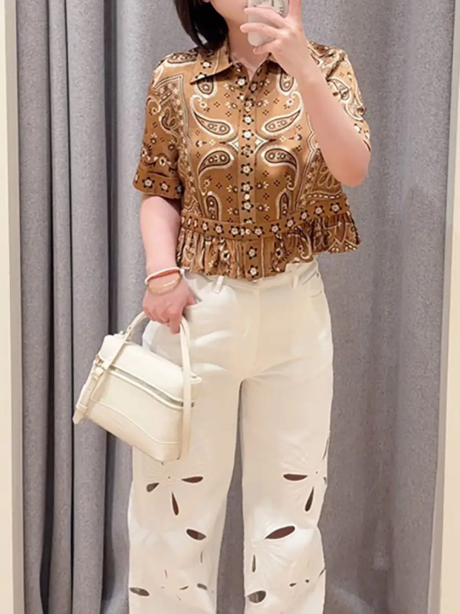 

Женская блузка с принтом пейсли, летняя новинка 2026 года, с отложным воротником, коротким рукавом, на пуговицах, с оборками по низу, винтажная рубашка