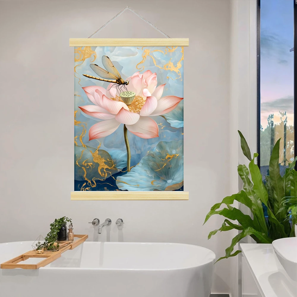 2D Flat 1pcs Elegant Floral Scroll Hanging Canvas Poster Hanger Wall Art Modern Minimalist White Flower Art with Golden Accents