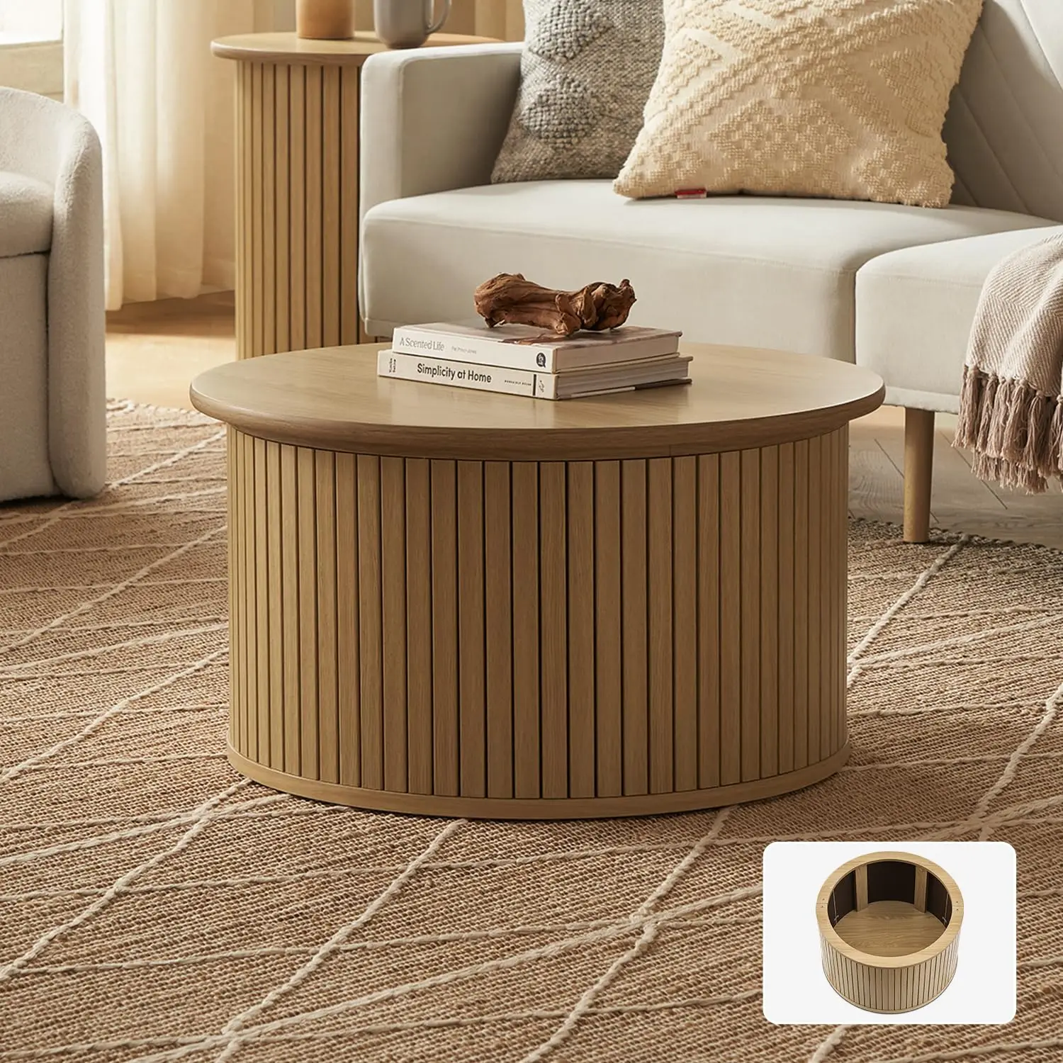 Round Drum Coffee Table with Storage & Removable Lid, Mid Century Modern Wood Fluted, Living Room, Oak, Customized