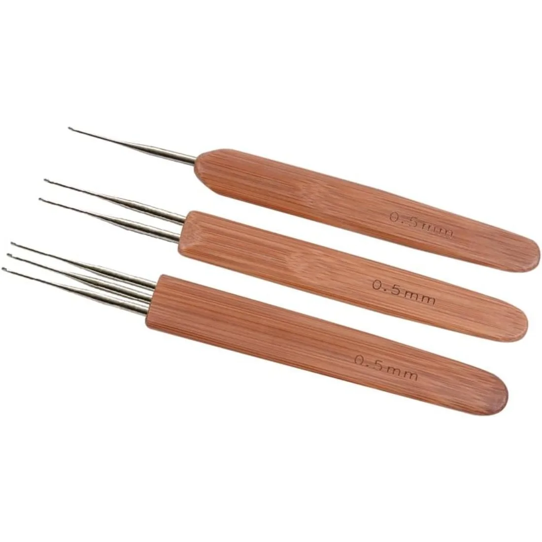 

3Pcs Dreadlock Crochet Hook Set including single, double and triple hooks, professional interlocking needles for dreadlock repairing, braiding and hair extension crafting.