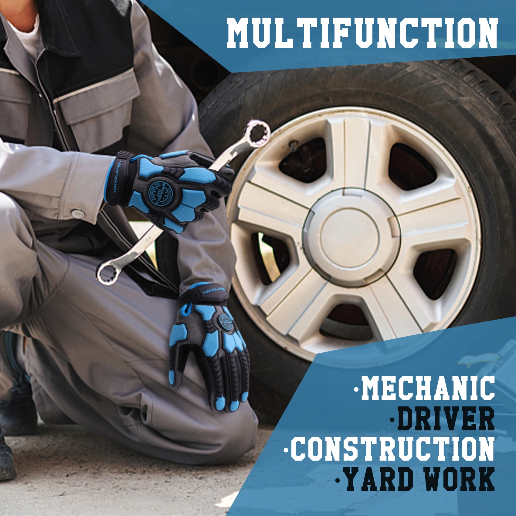 HANDLANDY Heavy Duty Work Gloves, SBR Padding, TPR Protector Impact Gloves, Anti Vibration Mechanic Gloves