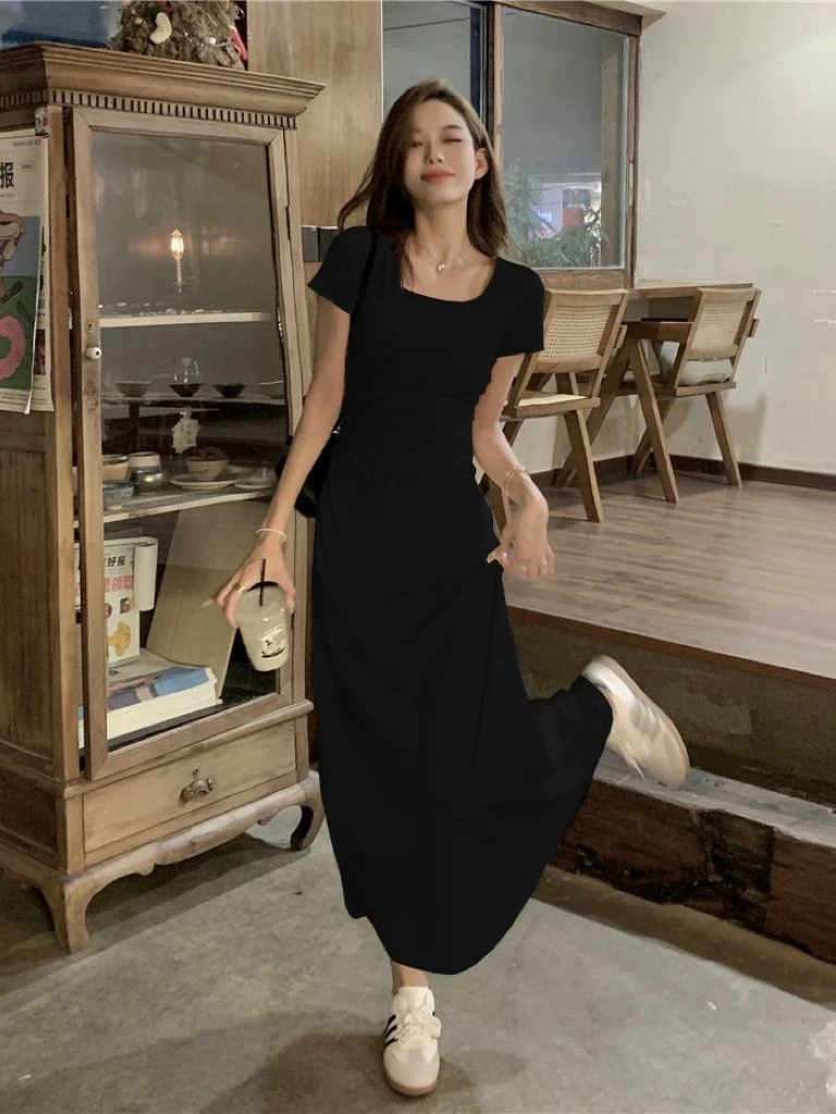 Summer Dresses Women Square Collar Pleated Flattering Waist Slender A-line Midi Temperament Simple Korean Style Popular Vestidos