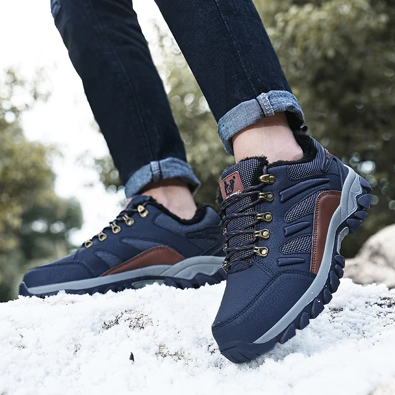 Brand Winter Waterproof Men\'s Boots Outdoor Hiking Boots Warm Plush Couple Snow Boots Rubber Sole Men\'s Work Shoes Size 36-48