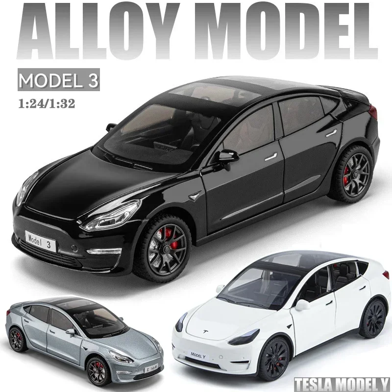 1:24 Tesla Model 3 Alloy Car Model Diecasts Metal Toy Vehicle Car Model High Simulation Sound Light Collection Kids Toy Gift