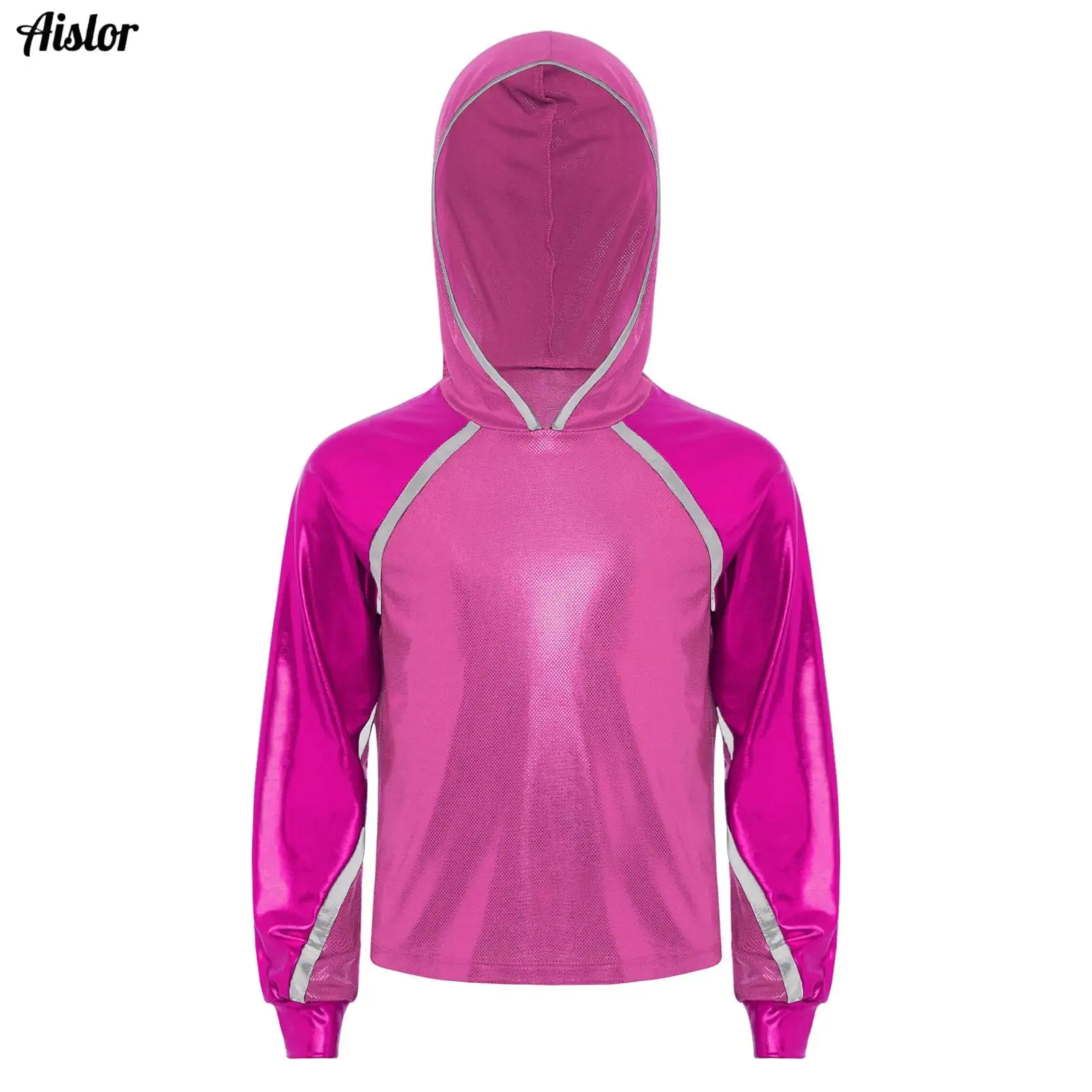 

Kids Girls Hoodie Sweatshirt PU Metallic Long Sleeve Hooded Pullovers Top Sportswear for Hip-hop Jazz Dance Performance Workout