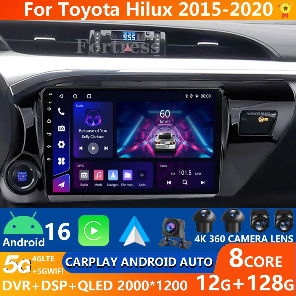 Reproductor de Radio Multimedia para coche Android16 OS de 10 pulgadas para Toyota Hilux Pick Up AN120 2015 - 2020 GPS Navi inalámbrico Carplay WiFi BT 4G
