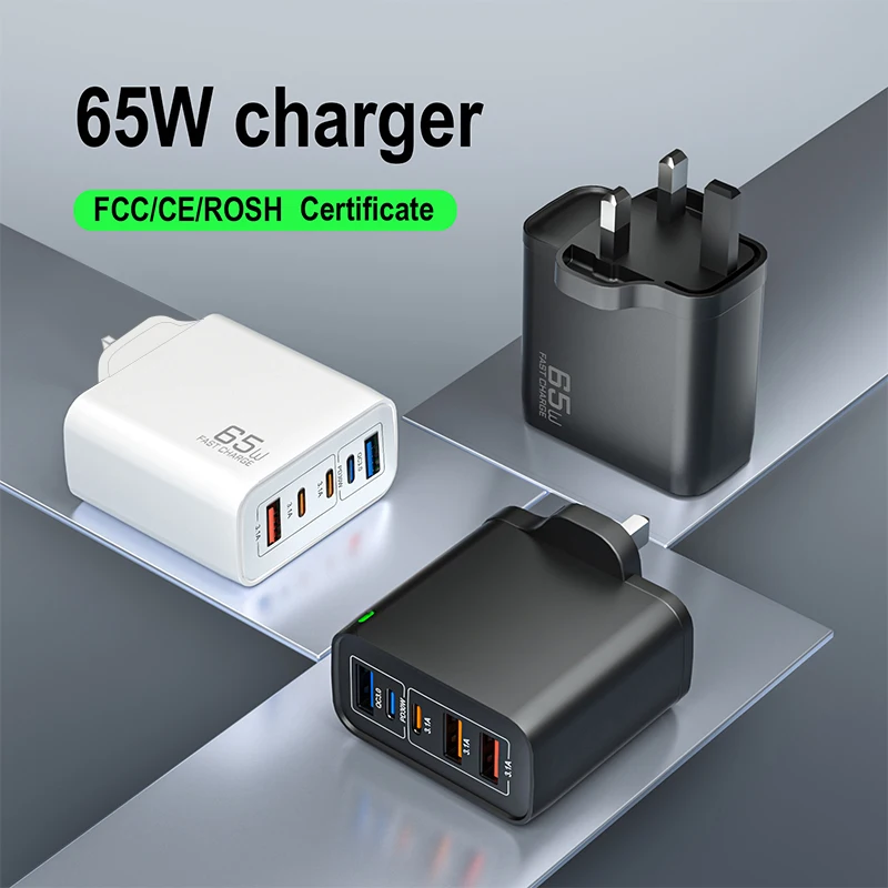 

Быстрое зарядное устройство, 65 Вт, вилка европейского/британского стандарта, 5-портовый USB Type-C, USB A, адаптер для зарядки телефона, черный/белый, для iPhone 17/16/15, Samsung, телефона Android