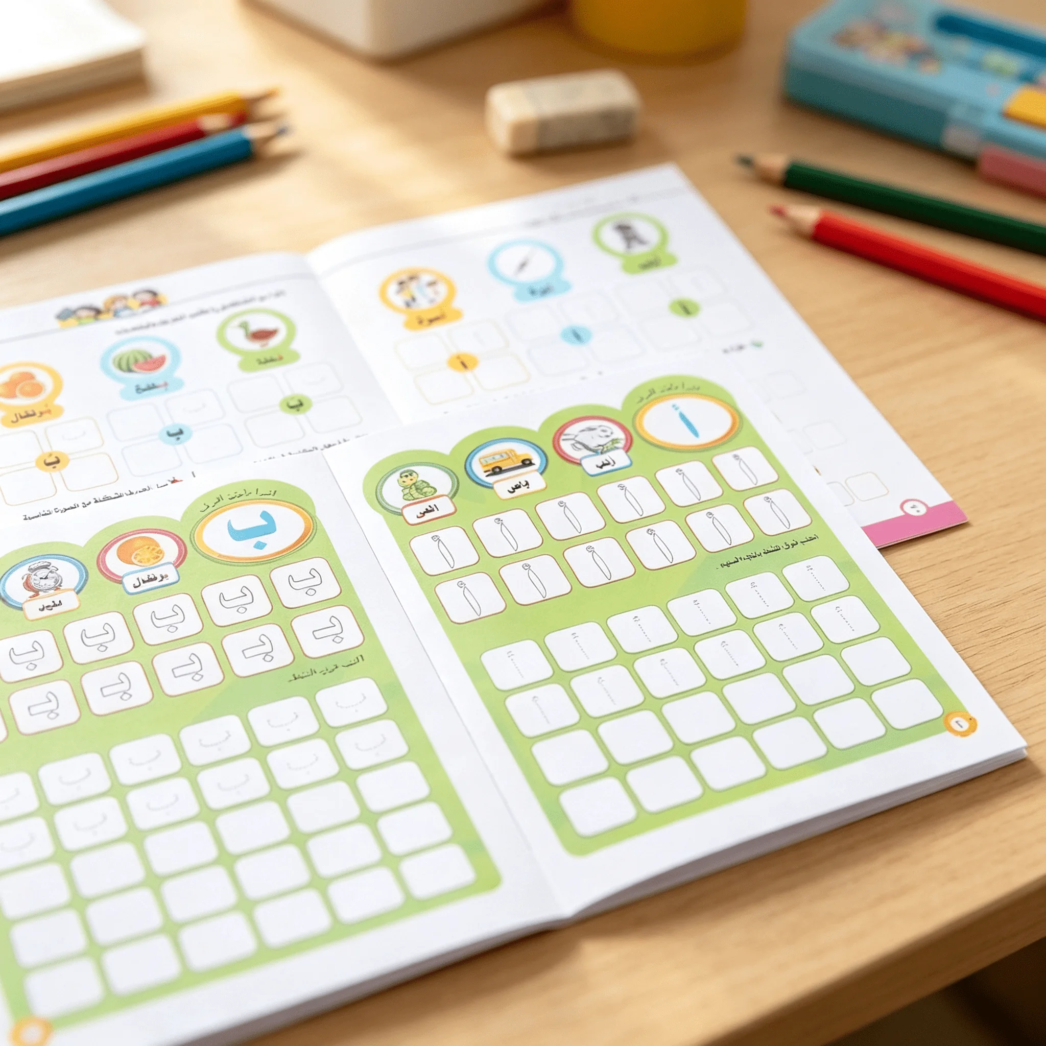 Two 32-page Arabic alphabet and vocabulary tracing workbooks for beginners to improve cognitive memory.