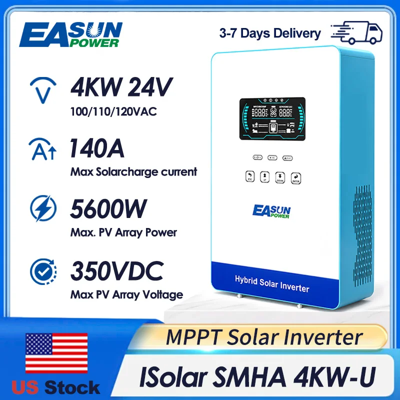 EASUN POWER 4KW 24V Off Grid Solar Inverter 140A MPPT 5600W Solar Charger Inversores Híbridos Solares Pure Sine Wave for Home 6.25 Inch LCD Display US Household