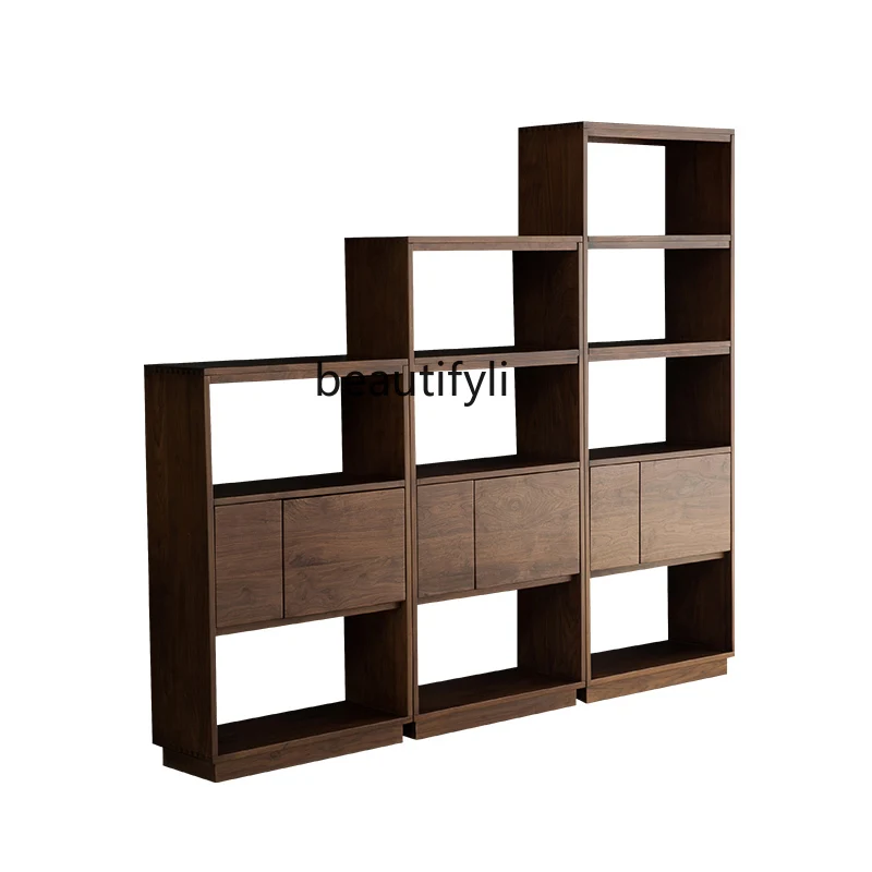 

North America Black Walnut All Solid Wood Bookcase Nordic Floor Home Bookshelf with Door Free Combination Storage Cabinet